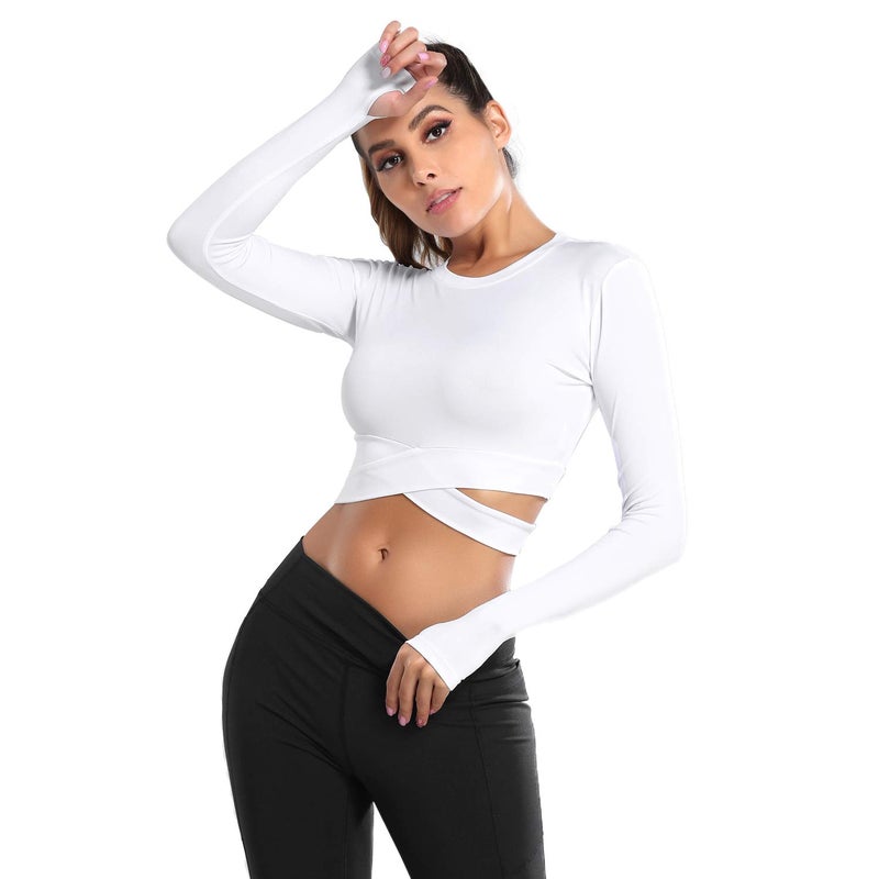 DREAM SLIM Women Long Sleeve Crop Tops Tummy Cross Crewneck Yoga Running Shirts Gym Workout Crop Tops with Thumb Holes (White Long, S) - Image 4